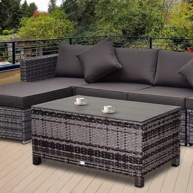 OUTSUNNY Garden Rattan Side Table with Glass Top in Dark Grey – 1