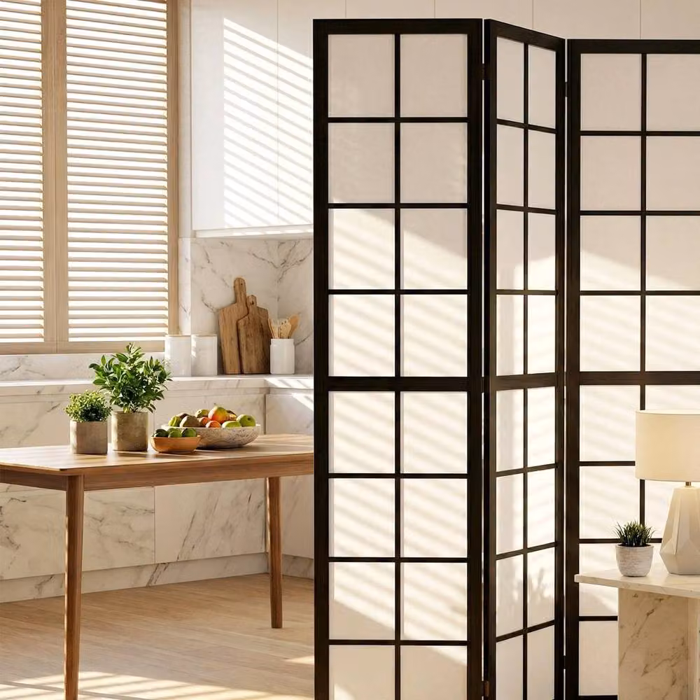NESTLUNE 4 Panel Folding Indoor Room Divider in Black Geometric Wood Design – 5