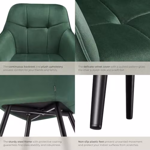 tectake Marilyn Set of 6 Modern Dining Chairs with Velvet Fabric and Geometric Pattern in Dark Green and Black – 6