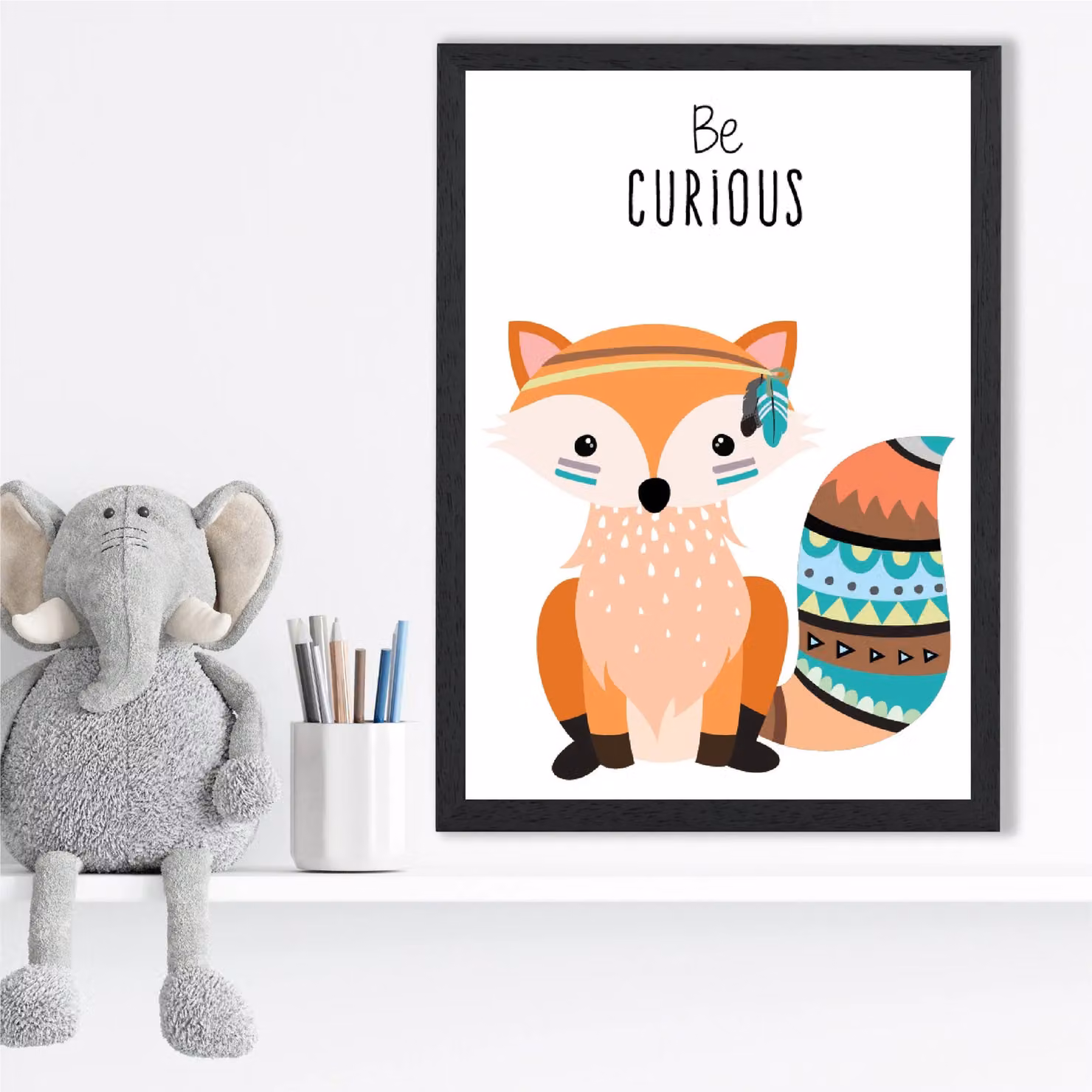ARTZE Be Curious Fox Tribal Animal Quote Framed Print, Orange and Black, A2 – 2