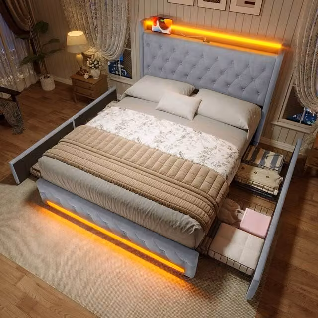 Merax Grey Velvet Upholstered Double Storage Bed Frame with 4 Drawers, LED Lighting and USB Charging Headboard, W/D/H: 140 x 200 x 115 cm