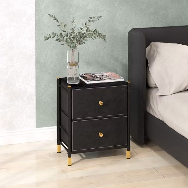 HOMCOM Modern Bedside Table with Drawers and Steel Legs in Black and Gold