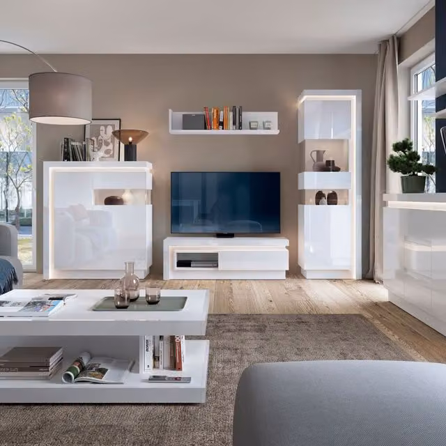 Furniture To Go Lyon Tall Narrow Display Cabinet with Integrated LED Lighting and Glass Doors in White Glossy Finish – 1