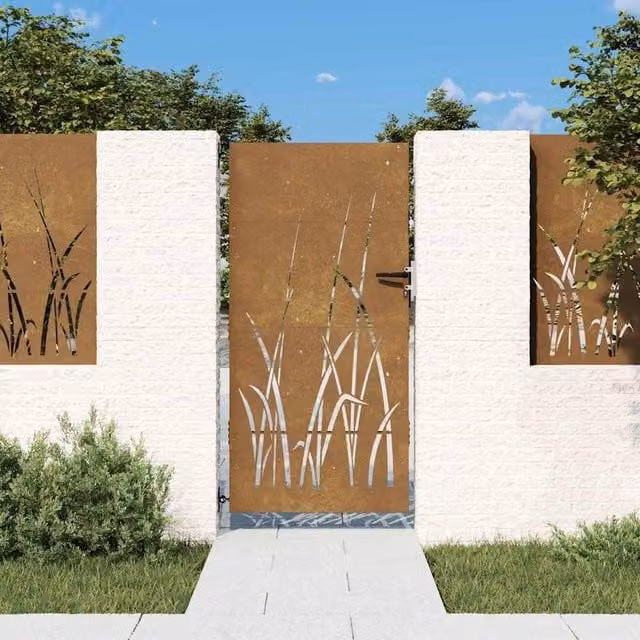 Berkfield Home Garden Gate in Brown Corten Steel with Grass Design, W: 85 cm, H: 175 cm – 1