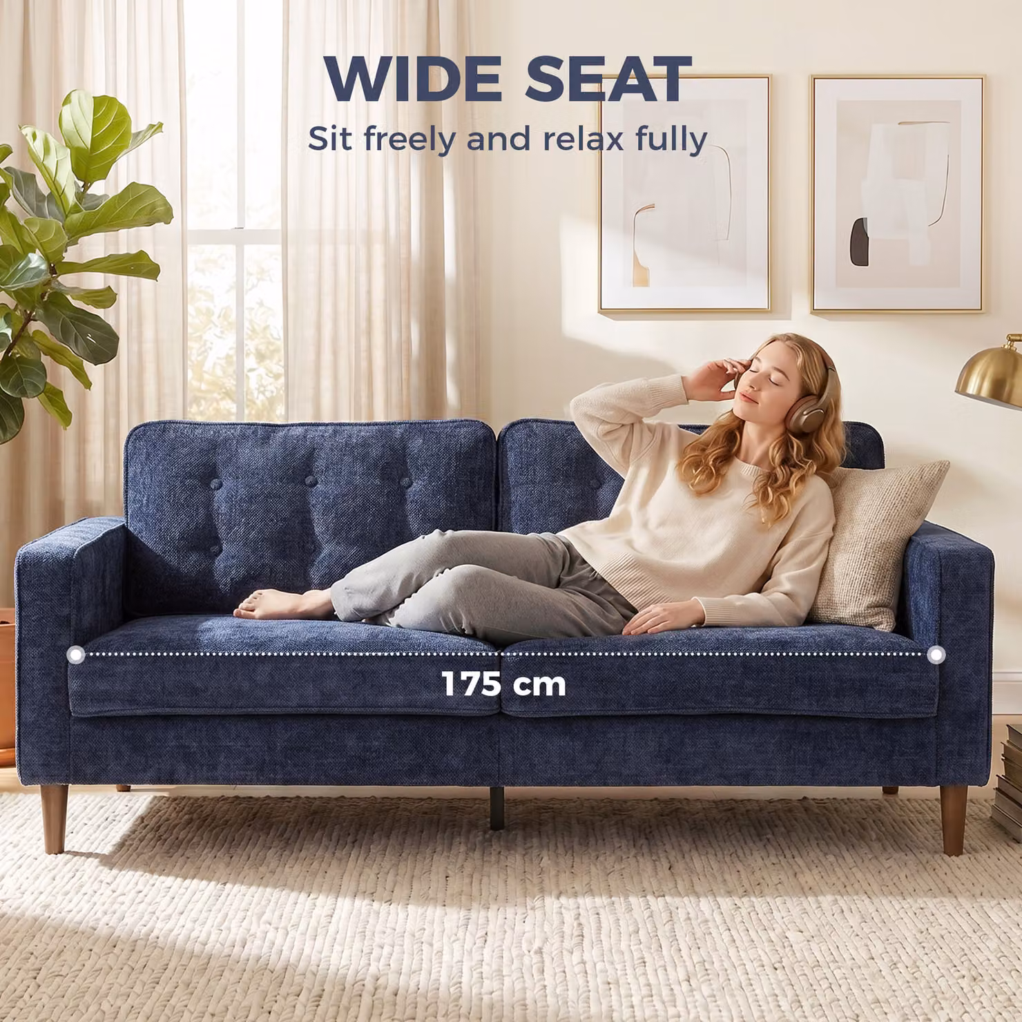 HOMCOM 3 Seater Velvet Upholstered Sofa in Blue with Wood Legs – 5