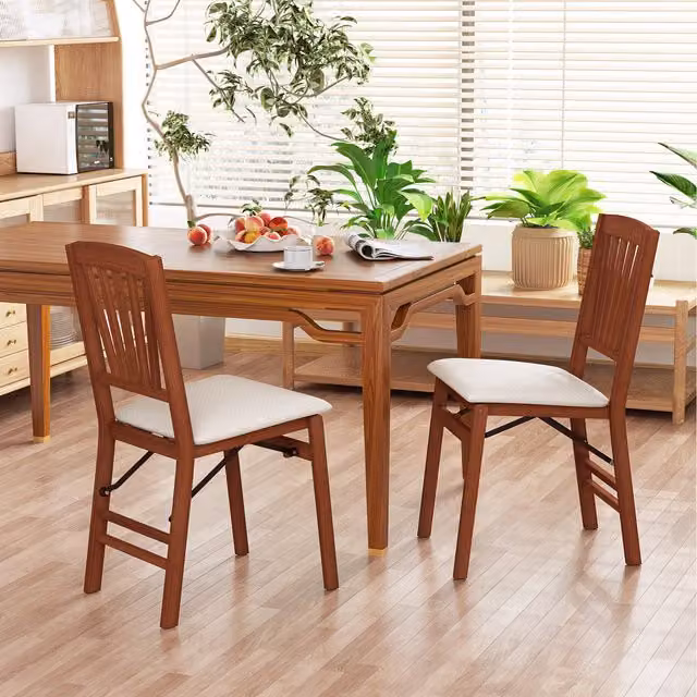 Costway Set of 2 Brown Rubberwood Folding Dining Chairs with Fabric Seats