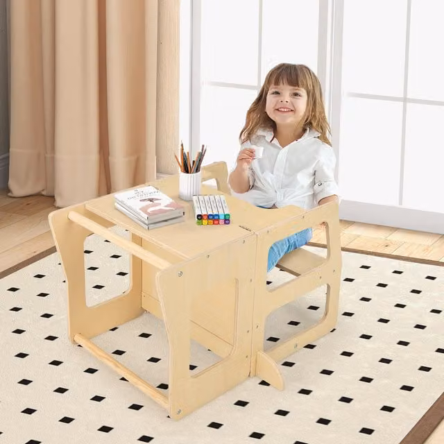 Costway 3-in-1 Foldable Kitchen Standing Tower Step Stool in Brown Wood Finish