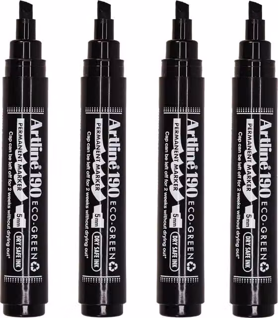 Artline Eco-Green Permanent Markers with Chisel Nib, Black, Pack of 4