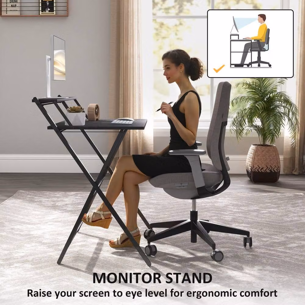 STILVORA Foldable Black Metal Desk with Monitor Shelf for Home Office – 7