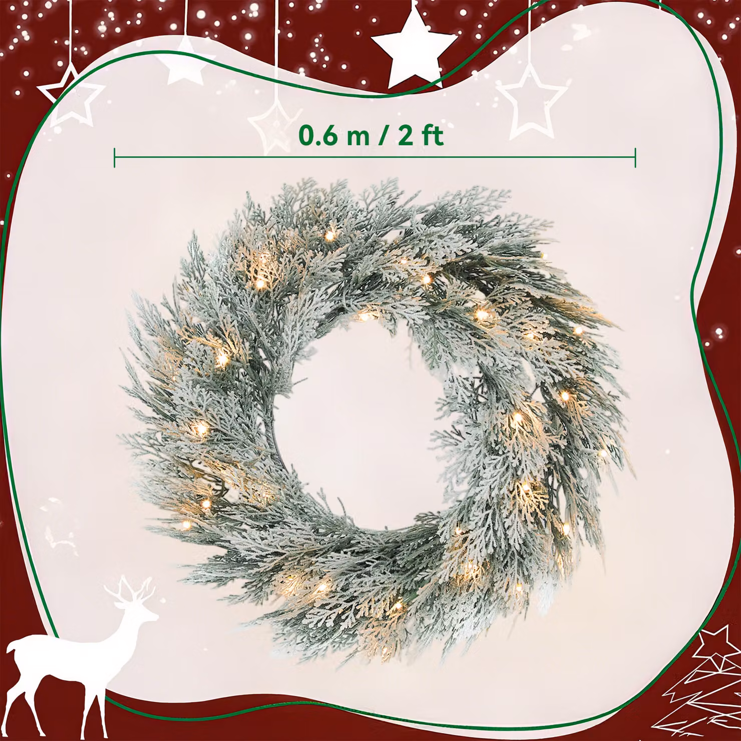 HOMCOM Flocked Prelit Christmas Wreath in Green and Silver, Diameter: 60 cm – 3