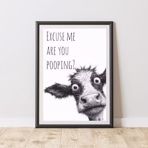 60 Second Makeover Quirky Cow Animal Print Bathroom Wall Art Poster, A3, White