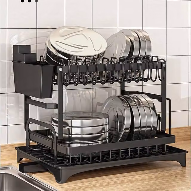 EONLION 2 Tier Black Coated Steel Dish Drainer Rack with Cutlery Holder – 1