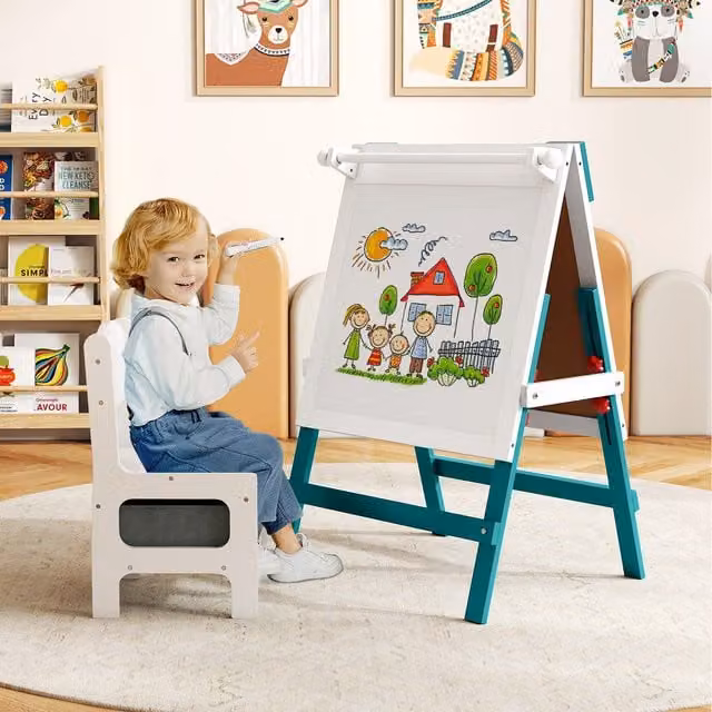 Costway Kids Dual-sided Art Easel with Whiteboard and Chair, Green