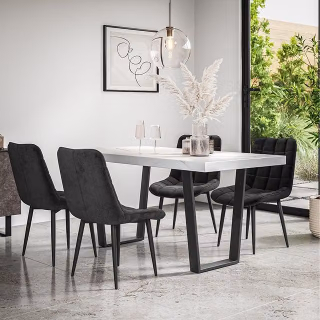 More4Homes Aria Dining Set with Marble Effect Rectangular Table and 4 Nova Velvet Chairs in Black and White