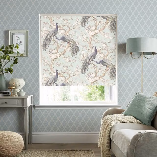 Laura Ashley Belvedere Thermal Blackout Ready Made Roller Blind in Duckegg Blue Floral Pattern