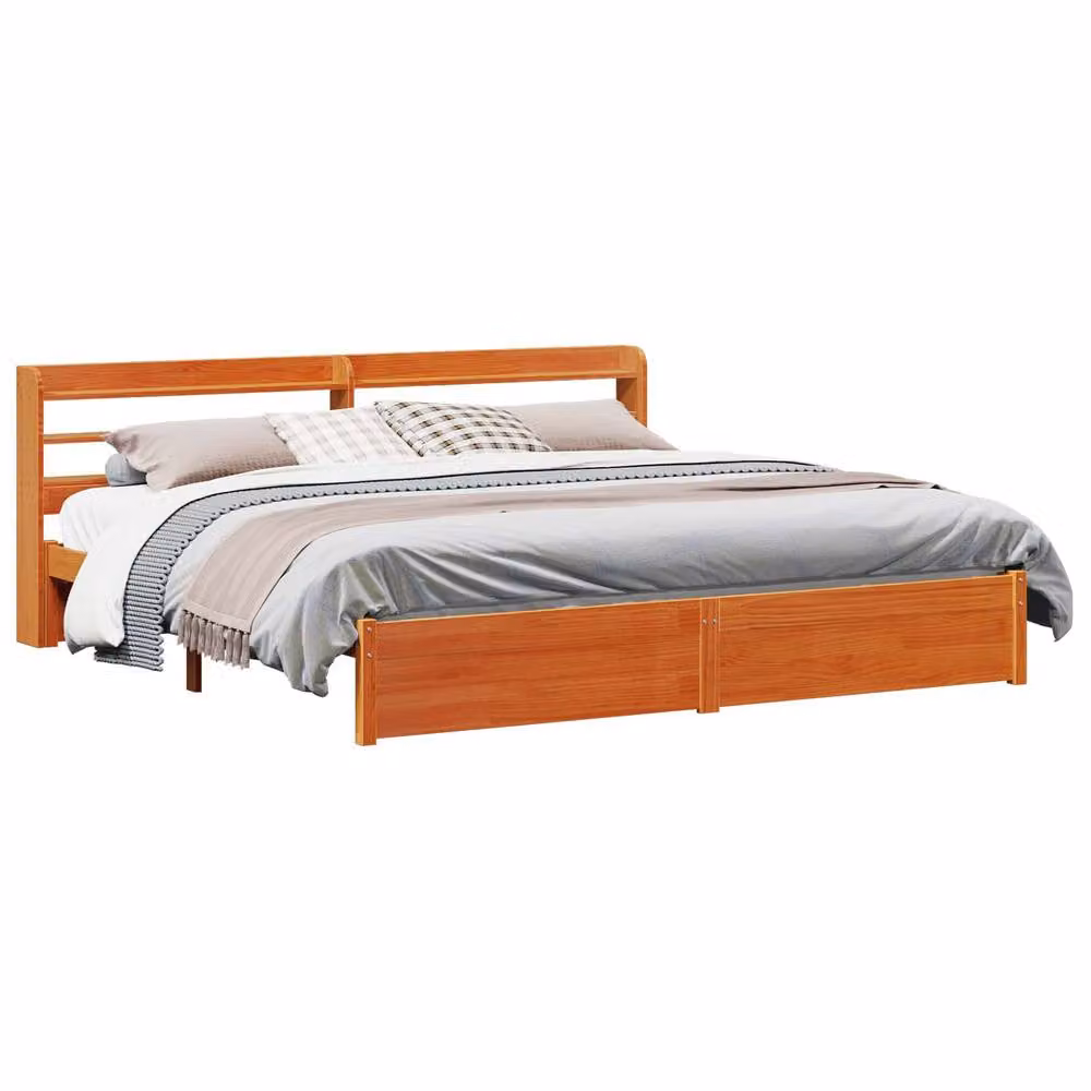 Berkfield Home Modern Solid Pine Wood Bed Frame with Headboard and Side Compartments, Wax Brown, 200 x 200 cm – 2