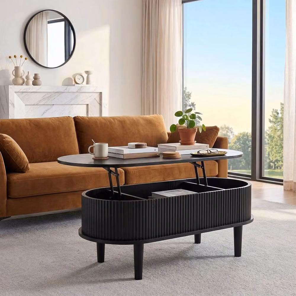 KORVIXA Black Oval Mid-Century Coffee Table with Lift Top and Storage – 3
