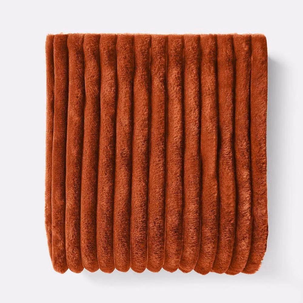 OHS Ribbed Faux Fur Throw Super Soft Fluffy Fleece Bed Blanket in Burnt Orange, W/D/H: 200 x 240 cm – 3