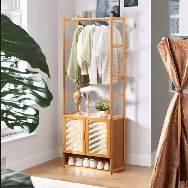 FURNOS Bamboo Hall Tree Coat Stand with Shoe Rack and Storage Cabinet in Natural – 1