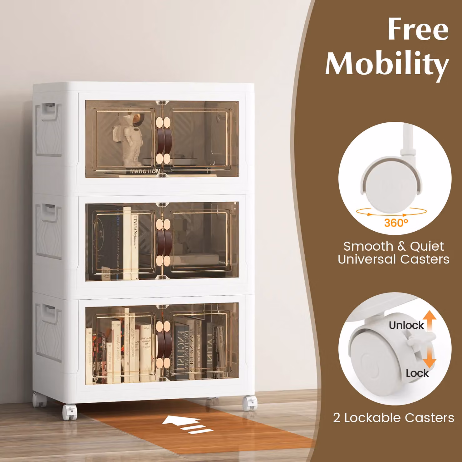 Costway Stackable Folding PP Storage Cabinet with Lockable Wheels, 3 Pack, White – 5