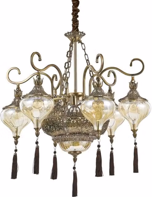 Ideal Lux Harem 9-Light Multi-Arm Chandelier in Antique Brass and Amber Crystal
