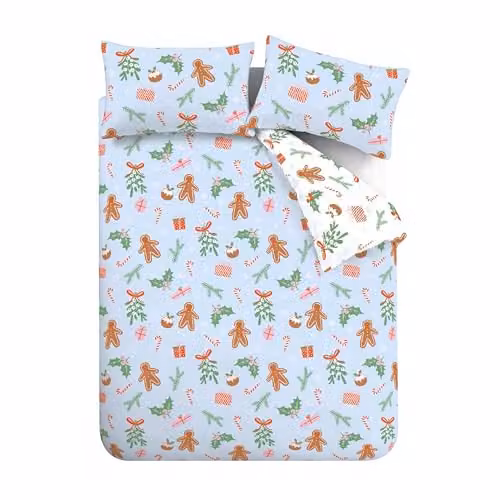 Catherine Lansfield Christmas Gingerbread Reversible Soft Microfibre Duvet Cover and Pillowcase Set, Blue and White, W/D/H: 180 x 200 cm – 2