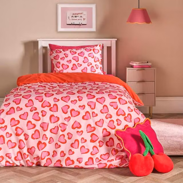 OHS Kids Hearts Leopard Microfibre Bedding Set with Duvet Cover and Pillowcase, Pink, W: 140 cm, L: 200 cm