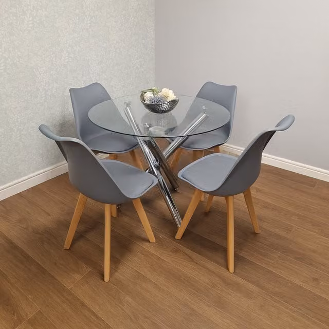 Kosy Koala Modern Round Transparent Glass Dining Table with 4 Grey Chairs