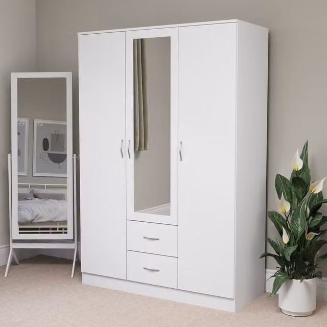 Vida Designs Riano White 3 Door 2 Drawer Mirrored Wardrobe