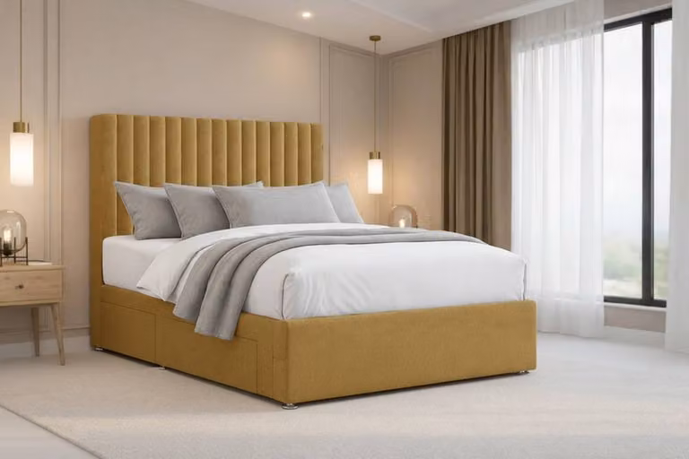 Nexus Mattresses Ltd Amalfi Plush Sprung Divan Set with 2 Drawers and 54 inch Headboard in Mustard Yellow Velvet, W/D/H: 160 x 200 cm, Super King Size