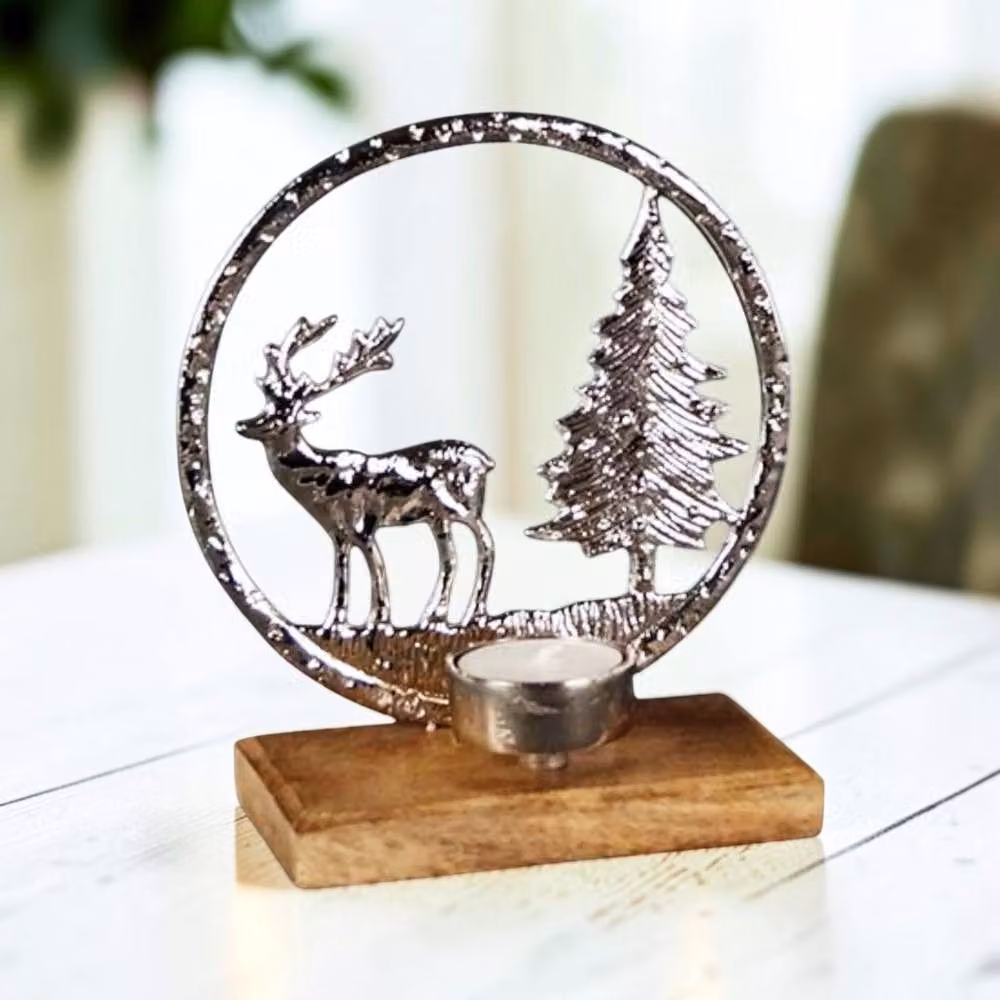 Four Candle Metal Reindeer Tealight Scene in Silver – 2