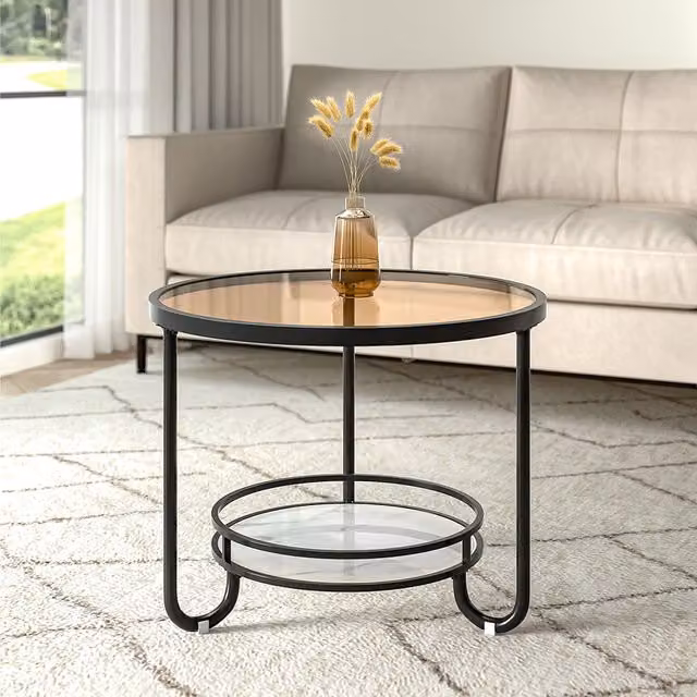 Livingandhome Round Glass-Top Coffee Table in Black and Gold