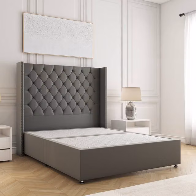 BSSPOKE Olivia Super King Divan Bed with 54 inch Headboard in Grey Plush Velvet