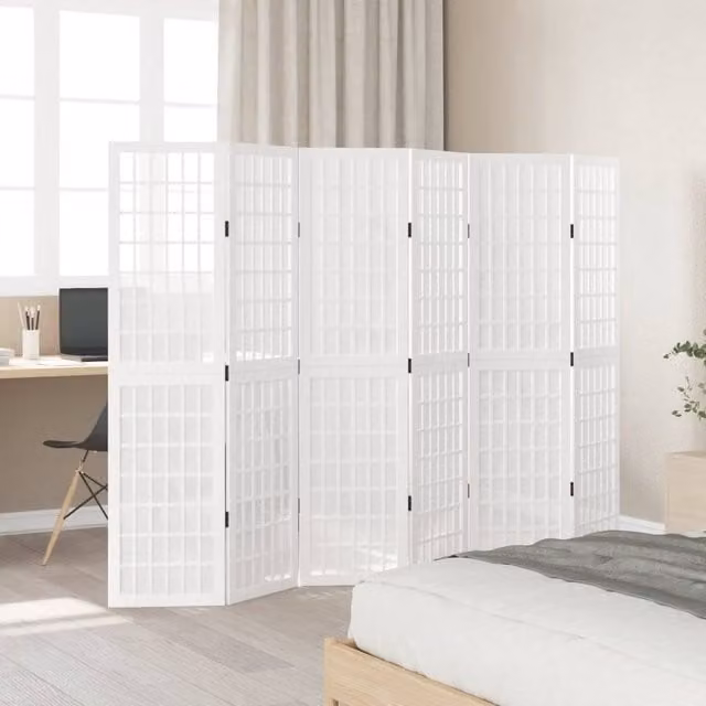 Berkfield Home 6 Panel Room Divider in White Solid Paulownia Wood, H 160 cm x W 215 cm