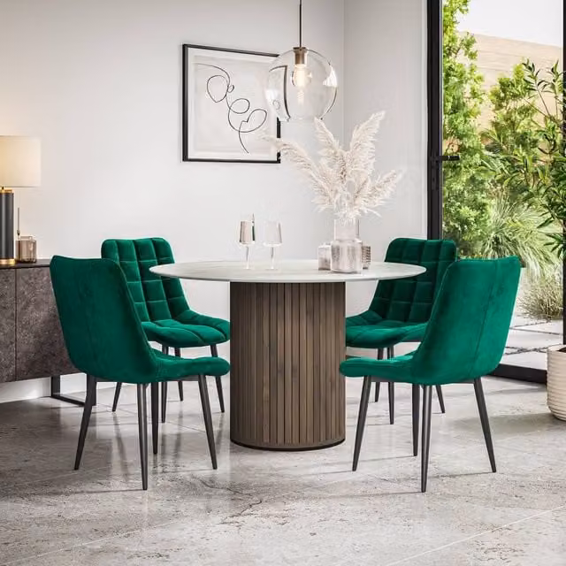 More4Homes Arlo Round White Marble Top Dining Table with Walnut Legs and 4 Green Nova Velvet Dining Chairs Set, W/D/H: 120 x 120 x 75 cm – 1