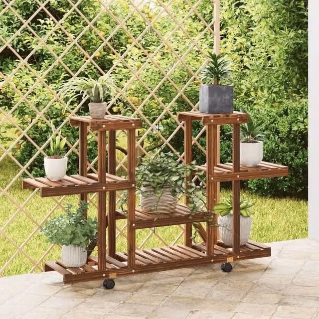 Berkfield Home Brown Solid Wood Fir Flower Stand with Wheels, W/D/H: 110 x 25 x 78 cm