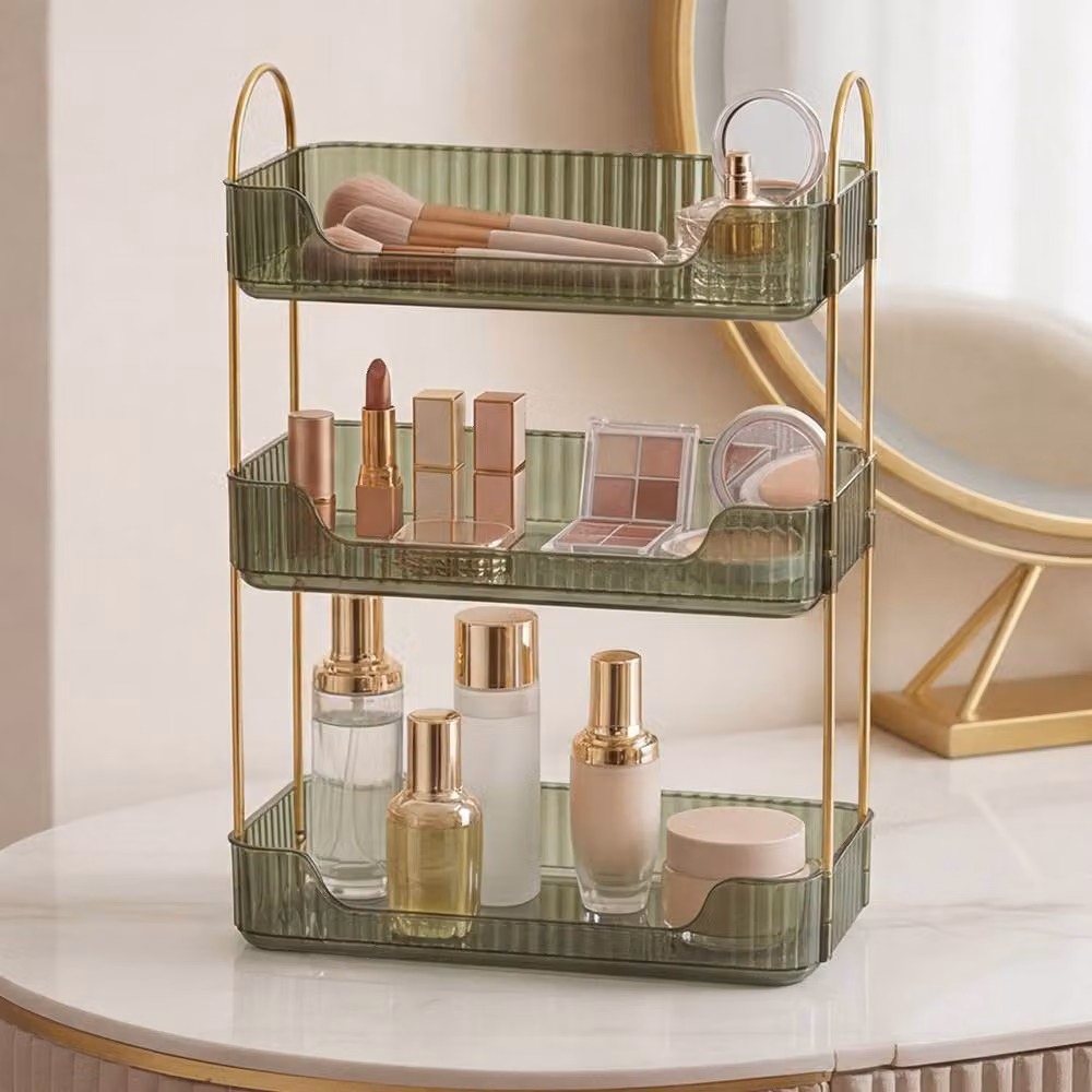 Levede 3-Tier Modern Minimalist Makeup Organiser and Cosmetic Storage Rack in Green and Gold – 2