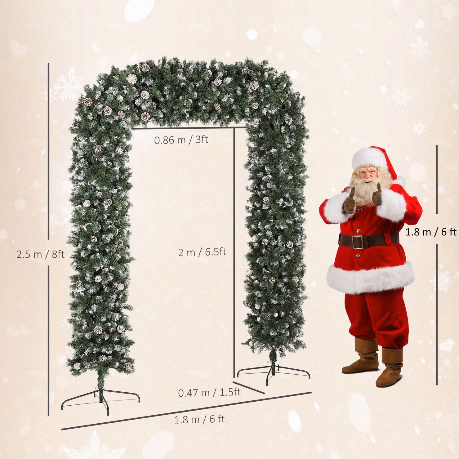 HOMCOM Snow Frosted Christmas Tree Arch in Green with 1800 Tips and 91 Pinecones and Metal Stand – 3