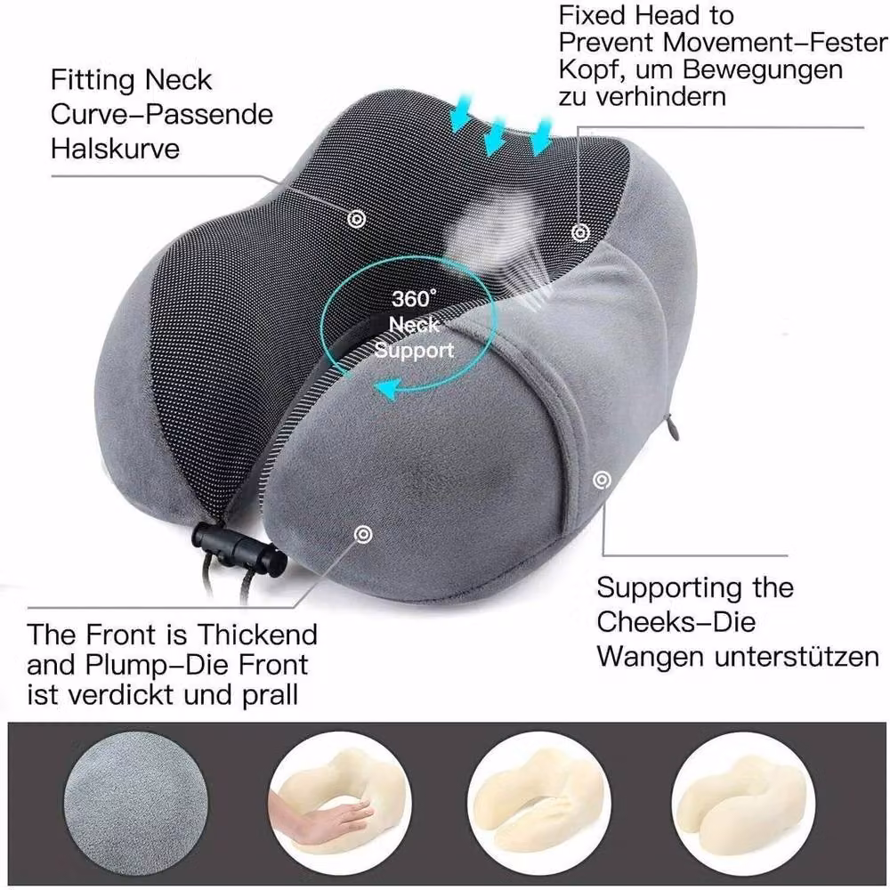 KORVIXA Grey U-Shaped Memory Foam Travel Neck Pillow with Breathable Velours Fabric – 3