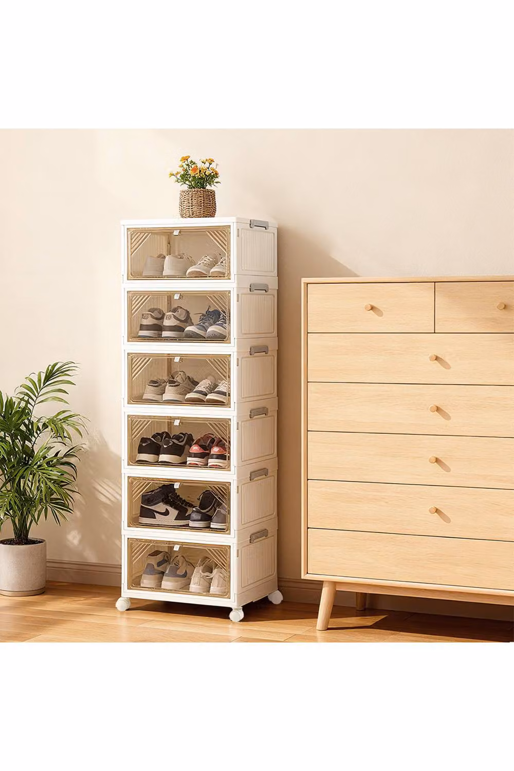 Living and Home 6-Tier Modern Shoe Cabinet in Beige with Transparent Glass Doors, W/D/H: 39 x 28 x 122 cm – 3