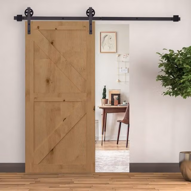 HOMCOM Sliding Barn Door Hardware Kit with Gear Roller Hanger Rail in Brown and Black Steel