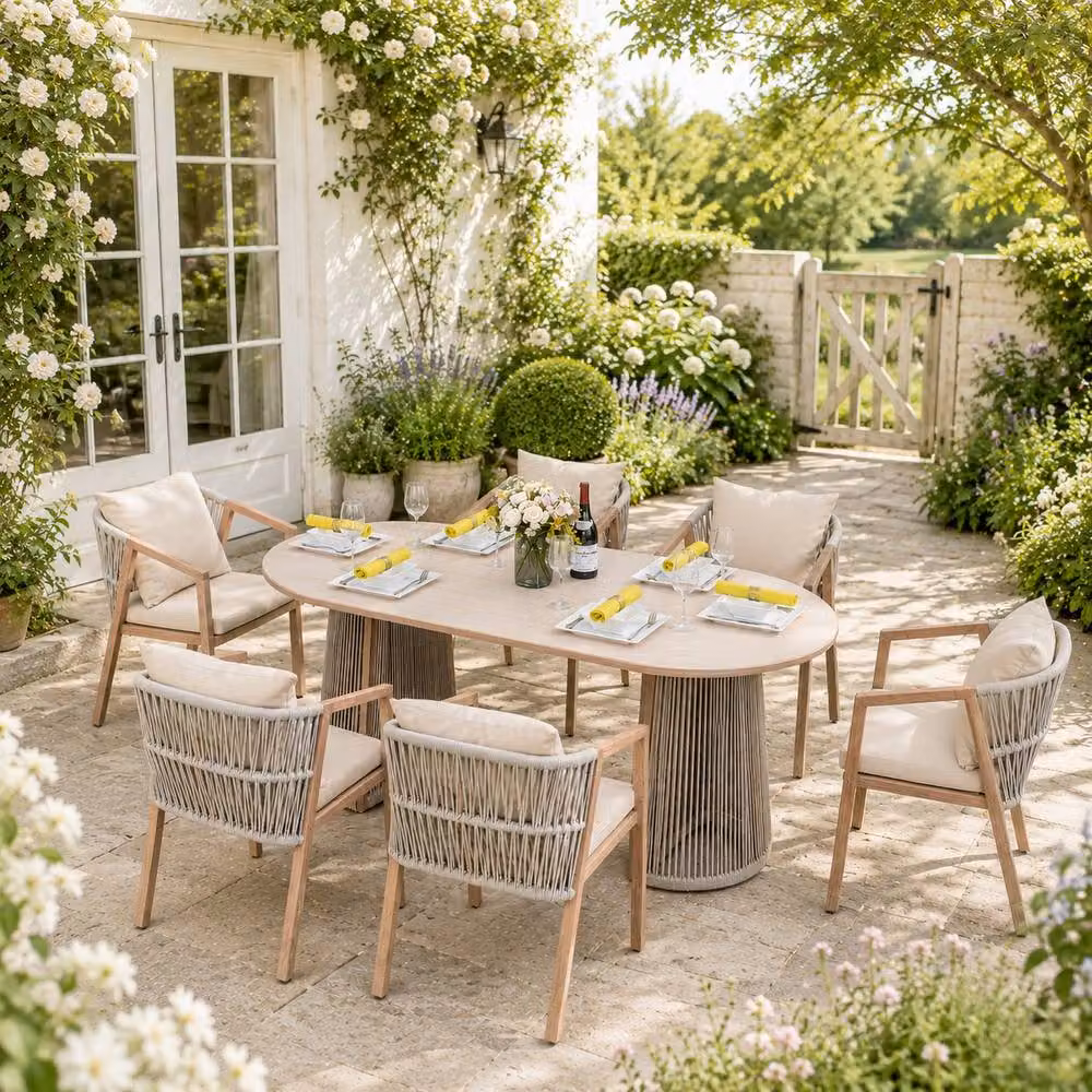 Direct Wicker Beige Woven Rattan and Metal Oval Dining Table Set with Six Chairs for Garden and Patio – 3