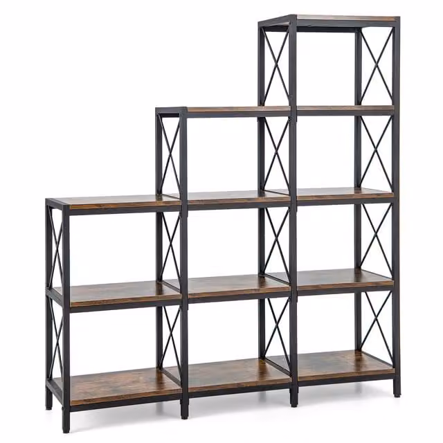 COSTWAY 9 Cube Industrial Bookcase with Carbon Steel Metal Frame in Brown