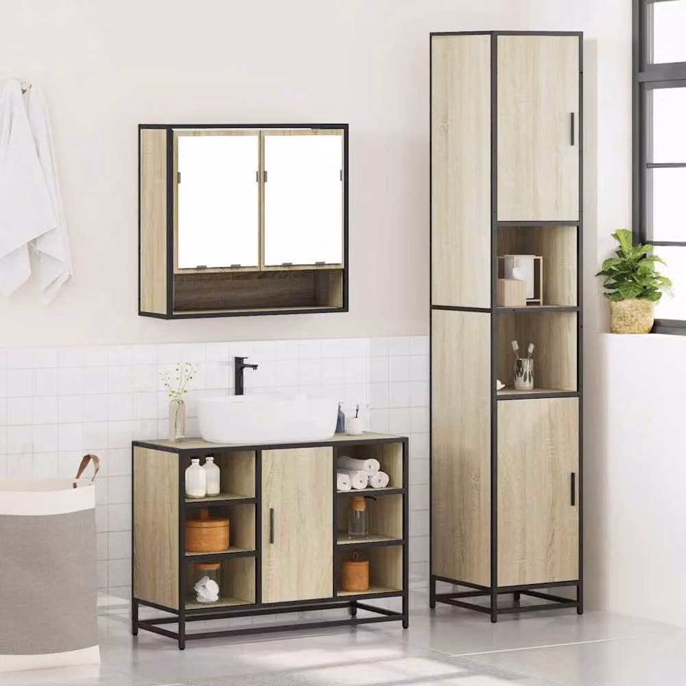 Berkfield Home 3 Piece Industrial Bathroom Furniture Set in Sonoma Oak and Beige – 2