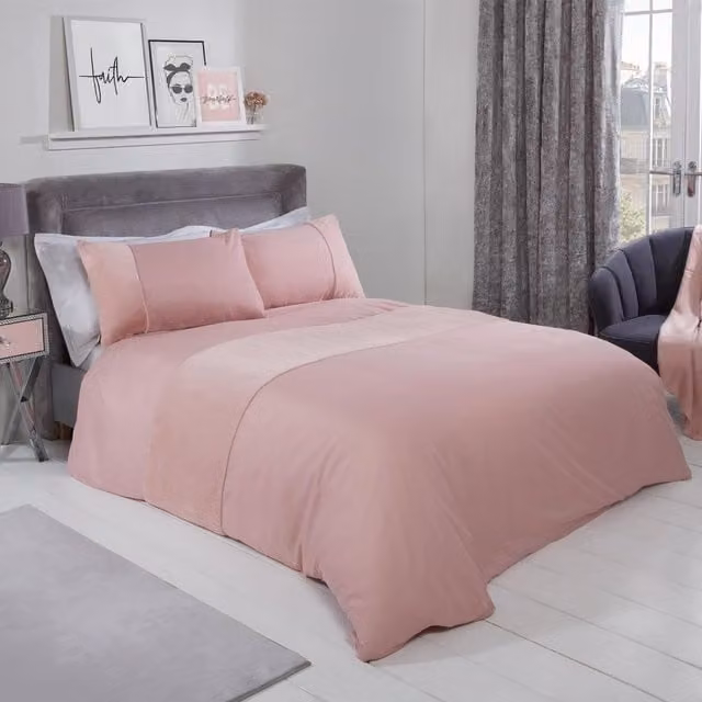 Sienna Pink Faux Fur Panel Band Duvet Cover and Pillowcase Bedding Set