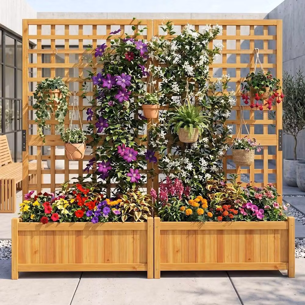 Kelvenix Raised Wooden Garden Bed with Trellis in Brown, Height: 143 cm – 2
