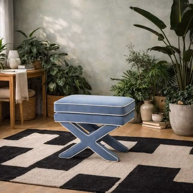 Wyld Haus Theodor Ice Blue Velvet Stool with X Cross Legs – 1