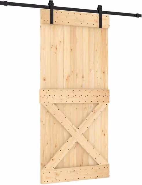 Berkfield Home Rustic Solid Wood Pine Sliding Door with Hardware Set, Natural, W: 95 cm, H: 210 cm