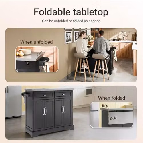 SoBuy Kitchen Island on Wheels with Extendable Worktop and Adjustable Shelves in Black, W/D/H: 92 x 46 x 115 cm – 4