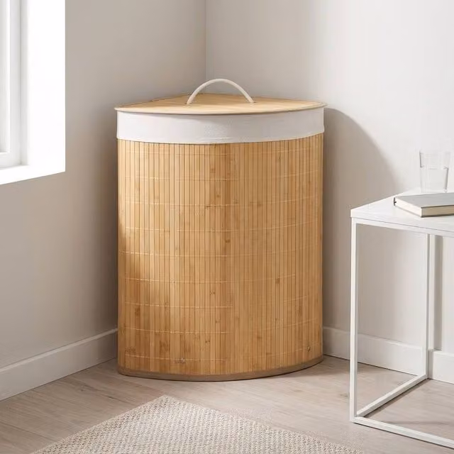 STILVORA 55L Bamboo Laundry Basket with Lid and Handles in Beige Sand